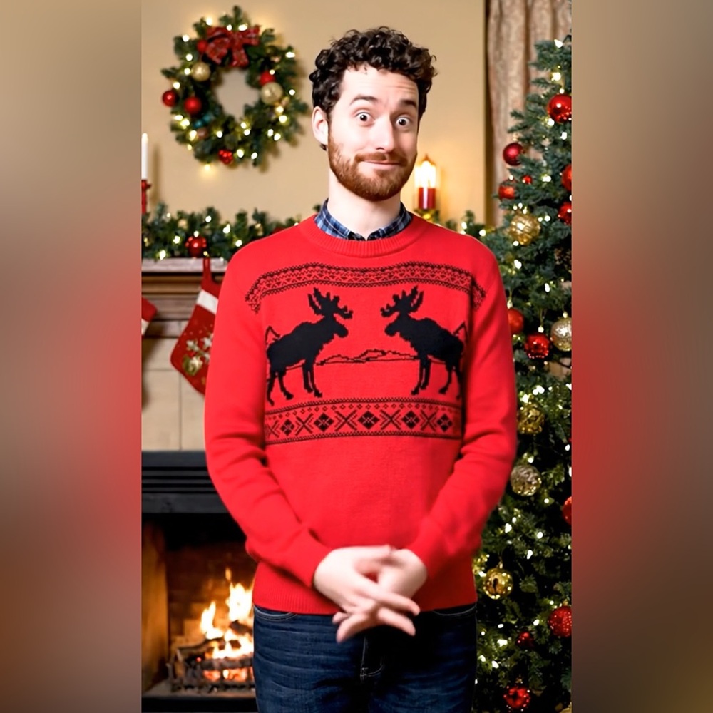Chaps Red Zip-Up Sweater with Moose Pattern